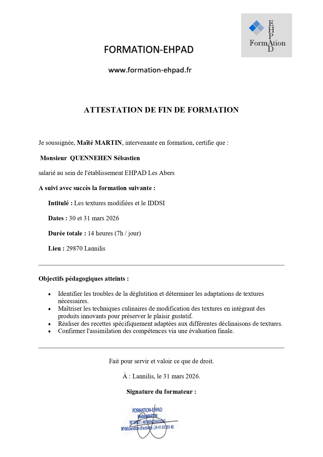 Attestation de fin de formation — Les textures modifiées et le IDDSI